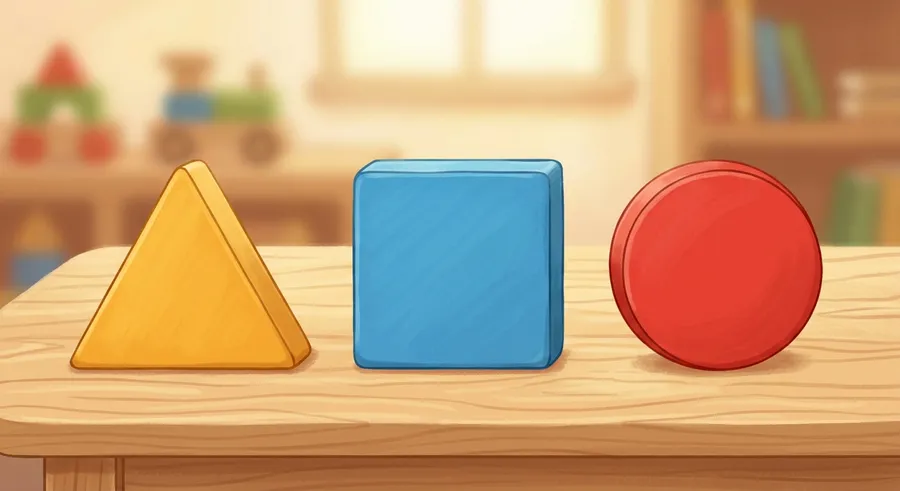 Wooden triangle, square and circle pieces showing their sides and corners