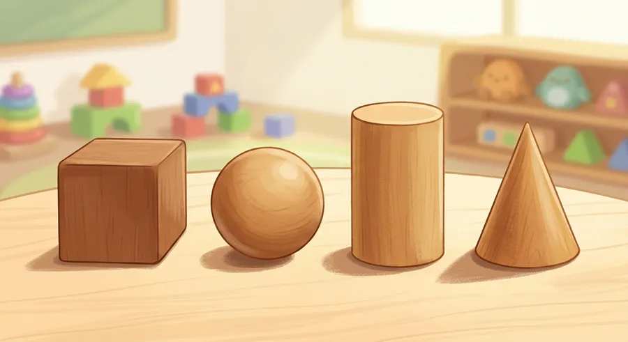 Solid 3D wooden shapes including a cube, sphere, cylinder and cone
