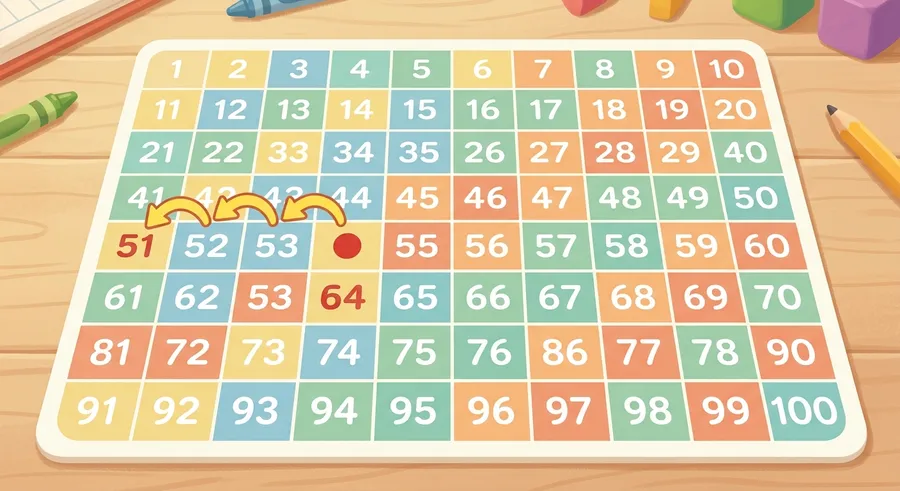 A hundred square chart used for hopping back to subtract