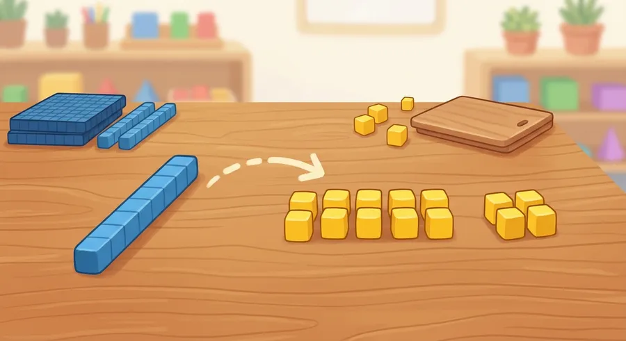 Base-ten blocks showing a ten being exchanged for ten ones to borrow