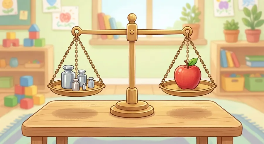 A balance scale with weights used to measure mass in grams