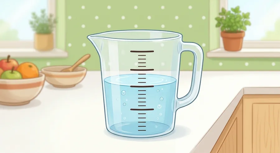 A measuring jug filled with water marked in millilitres and litres