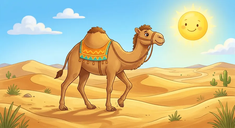 A camel walking across golden sand dunes in the hot desert