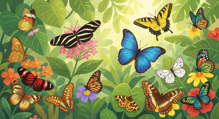 Many different brightly coloured butterflies showing the variety of life