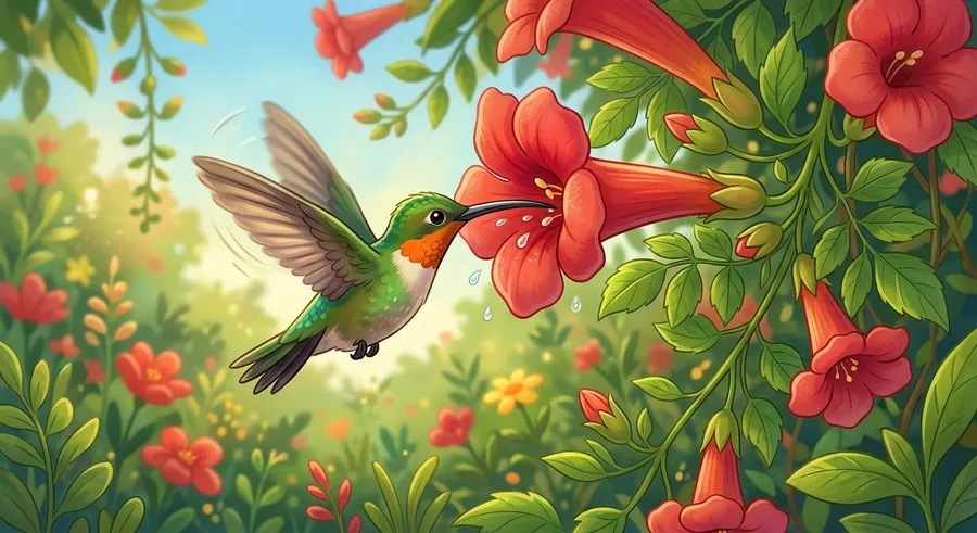 A hummingbird hovering to sip nectar from a flower with its long thin beak