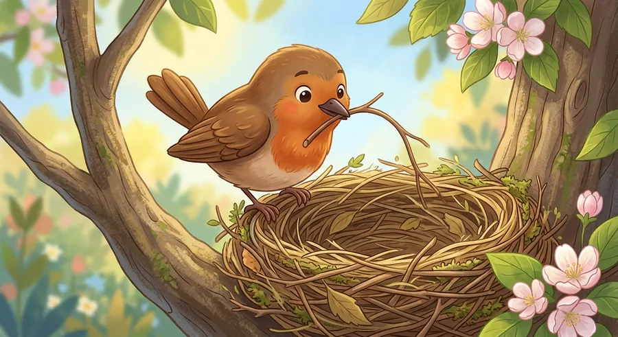 A small bird weaving twigs and grass together to build a nest