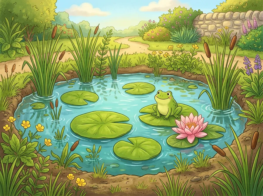 A small garden pond surrounded by plants and floating lily pads