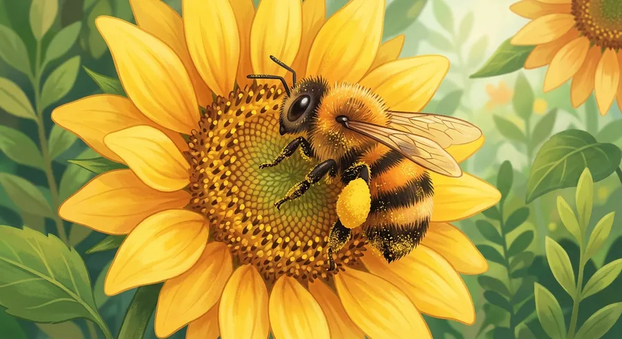 A honeybee carrying pollen as it visits a flower