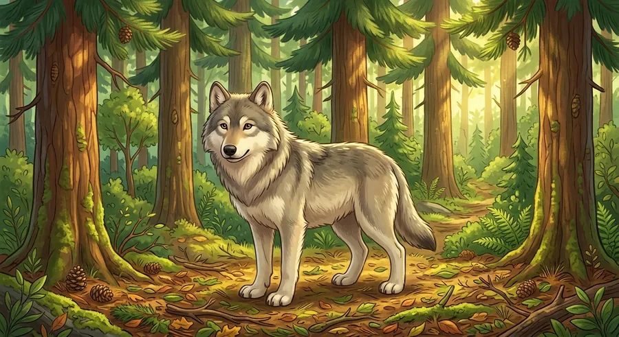 A grey wolf standing among the trees of a forest