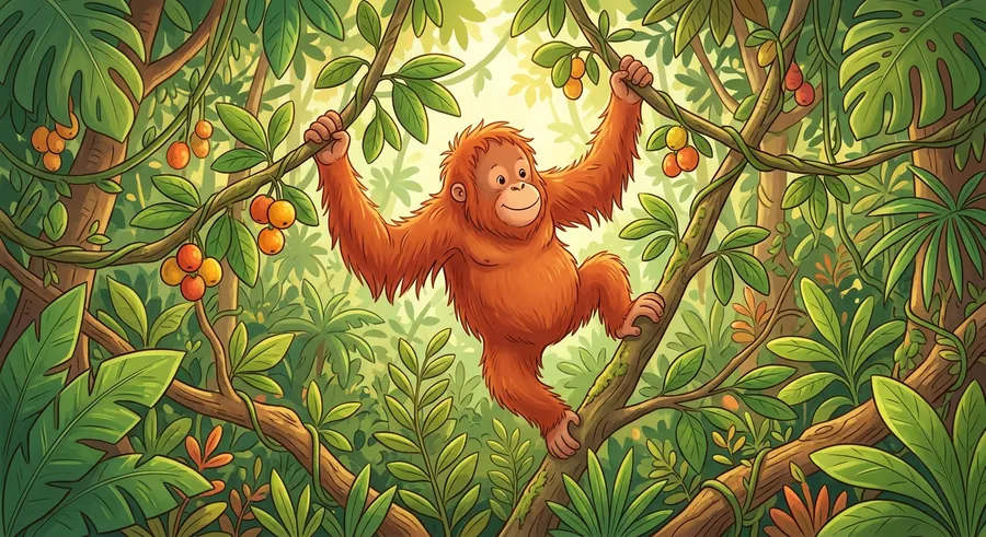 An orangutan climbing through the branches of a rainforest tree