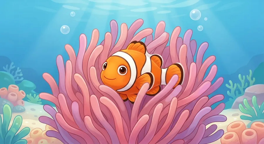 An orange clownfish sheltering among the tentacles of a sea anemone