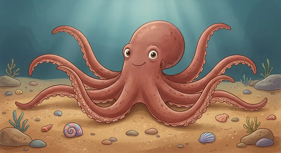 An octopus with eight arms resting on the ocean floor