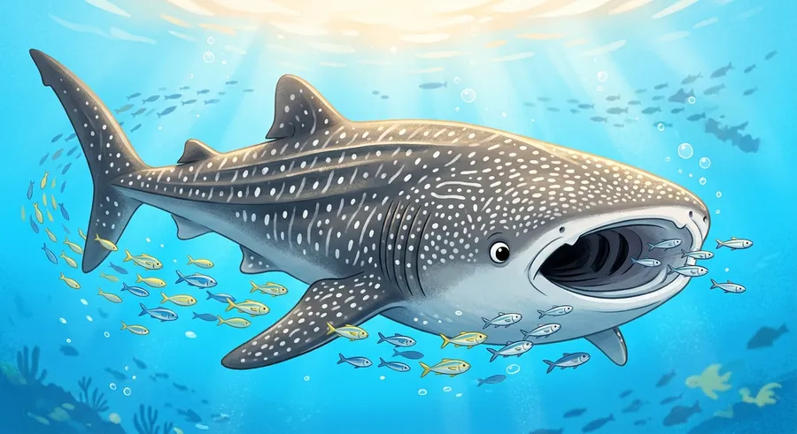 An enormous whale shark cruising through the water with its huge mouth open