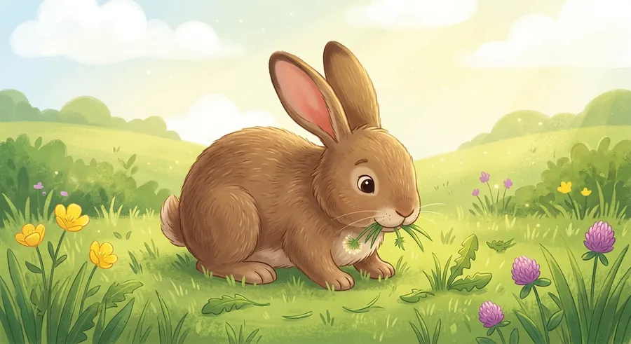 A brown rabbit nibbling grass in a sunny field