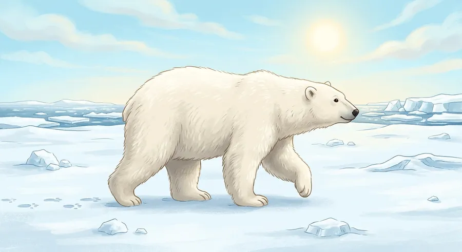 A white polar bear walking across the snow in the frozen Arctic