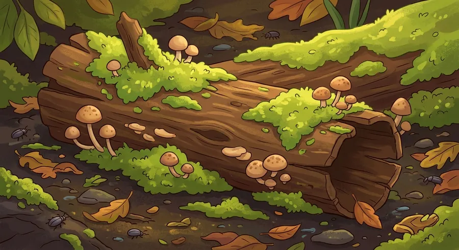 A decaying log on the forest floor covered in moss and tiny fungi