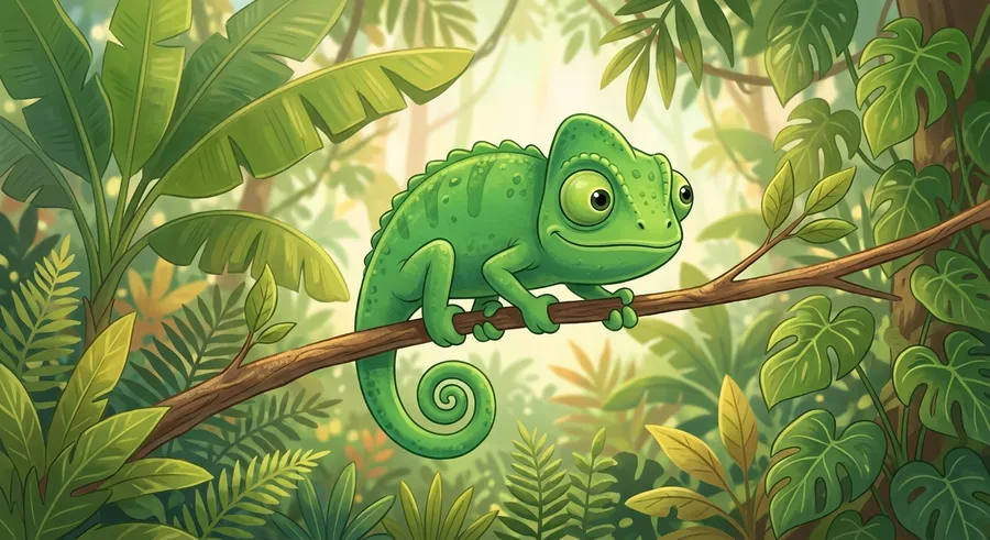 A green chameleon gripping a branch with its eyes pointing in different directions
