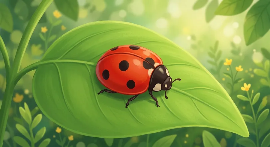 A red ladybird beetle resting on a green leaf