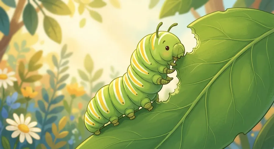 A plump green caterpillar feeding on a green leaf