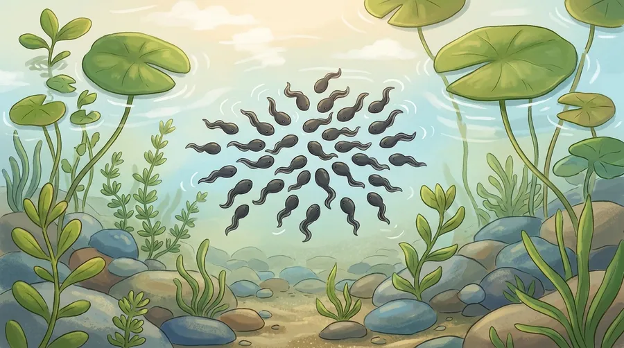 A cluster of dark tadpoles with tails swimming in pond water