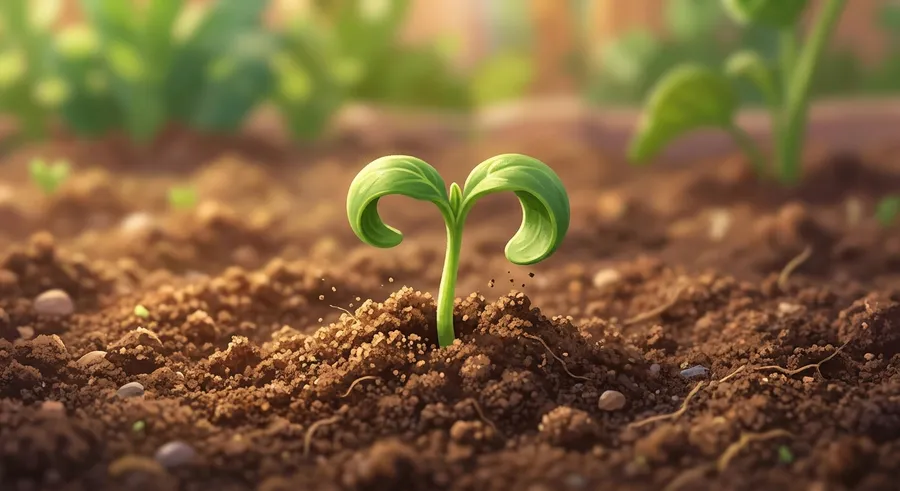 A tiny green seedling pushing up through dark soil