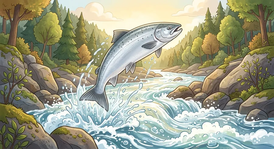 A salmon leaping out of the water as it swims upstream