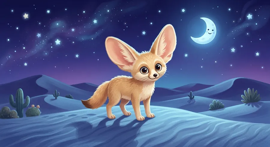 A fennec fox with very large ears active in the cool desert night