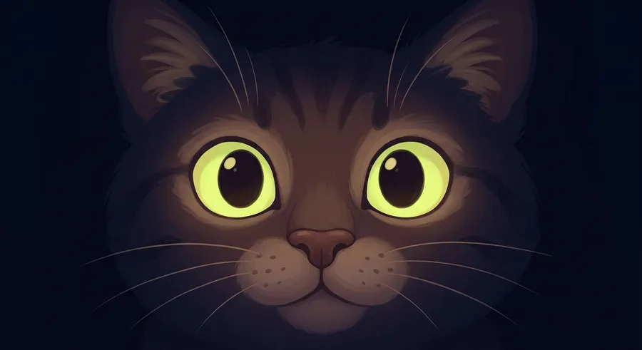 A cat's eyes glowing brightly in the dark thanks to a mirror-like layer