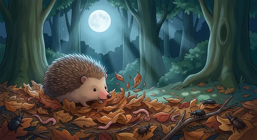 A small hedgehog snuffling through leaves at night to find food