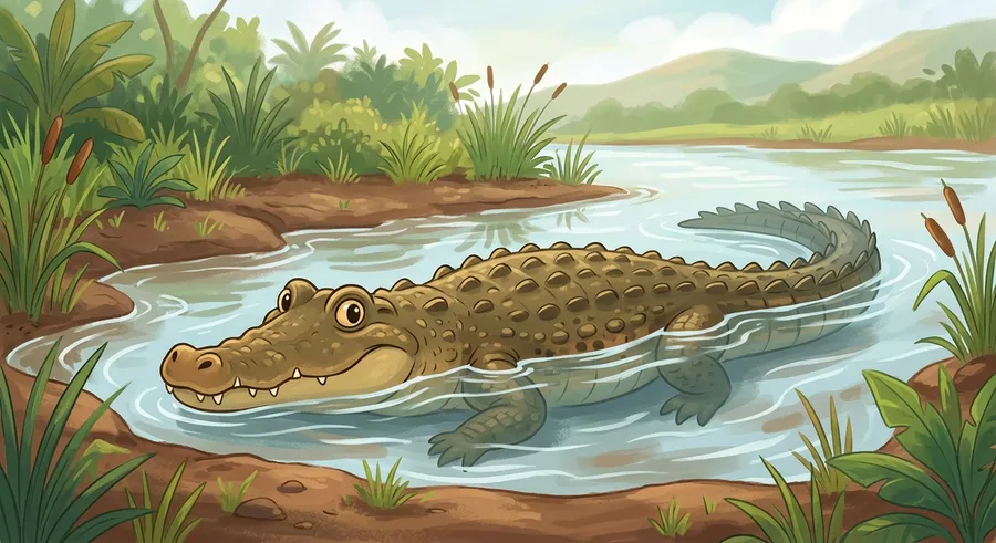 A crocodile lying half-submerged in a calm river