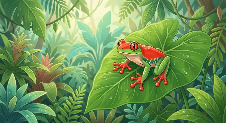 A bright tree frog with smooth moist skin perched on a green leaf