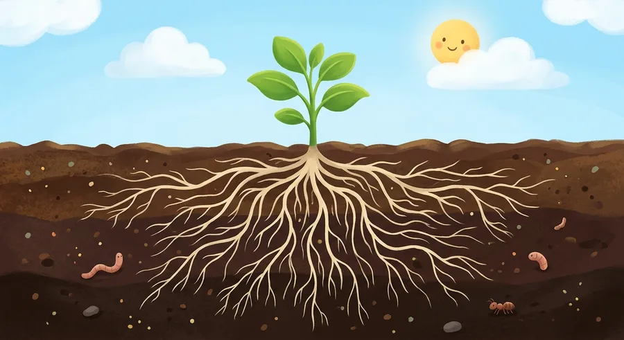 The roots of a plant spreading through the soil to anchor it and soak up water