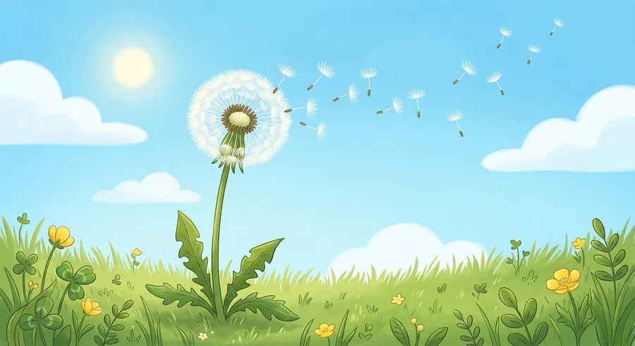 Fluffy dandelion seeds drifting away on the breeze