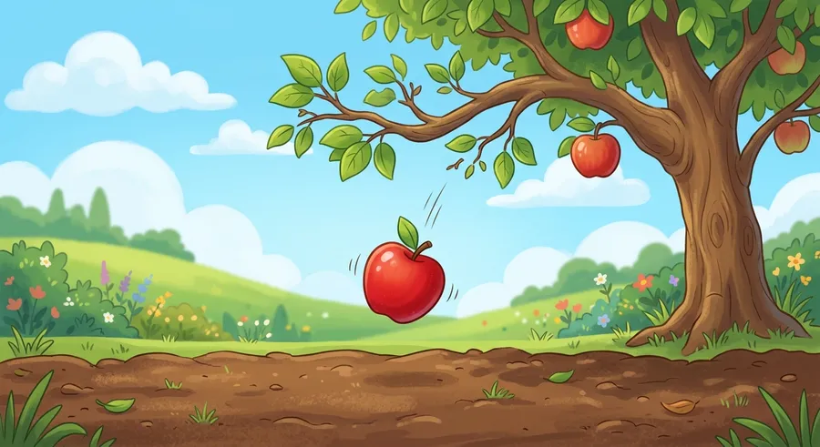 A red apple falling from a tree, pulled down by gravity