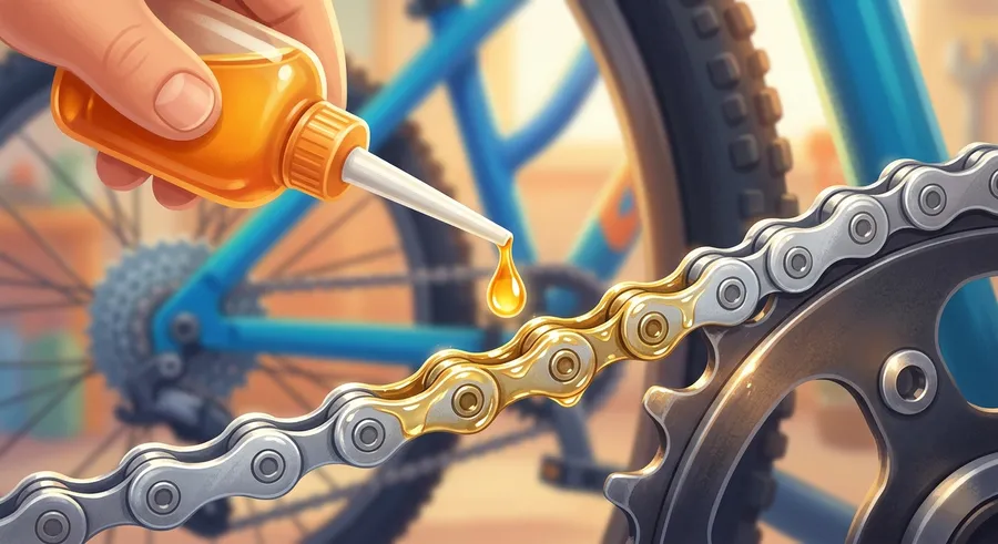 Oil being applied to a bicycle chain to reduce friction