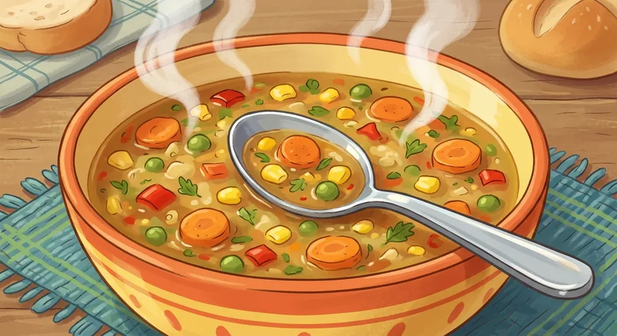 A metal spoon resting in a steaming bowl of hot soup, conducting heat