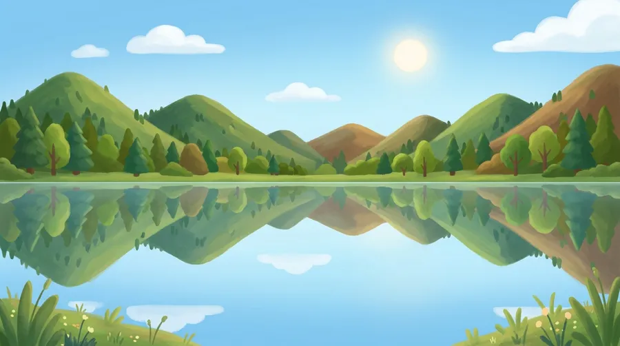 A perfect reflection of the scenery in a calm, mirror-like lake