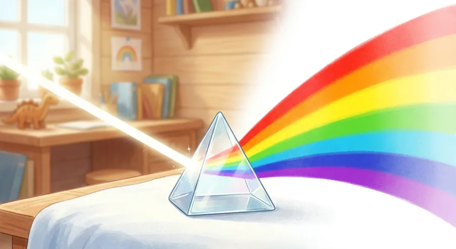 A glass prism splitting white light into a rainbow of colours