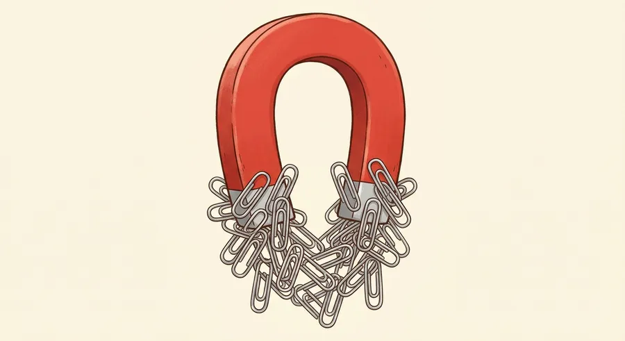 A red horseshoe magnet picking up a cluster of metal paper clips