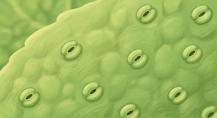 A close-up of a green leaf, where tiny stomata take in air