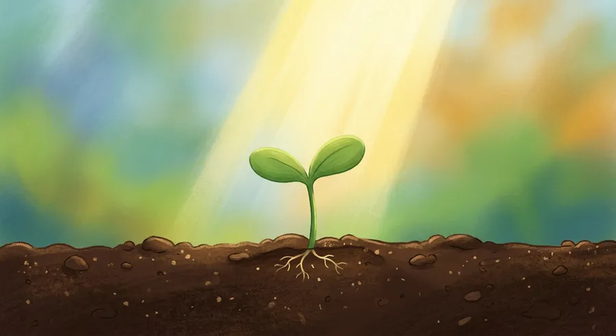 A small green seedling growing up from dark soil towards the light