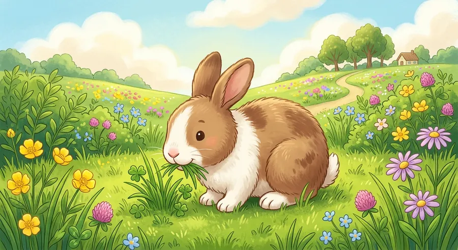 A rabbit nibbling grass in a meadow, part of a food chain