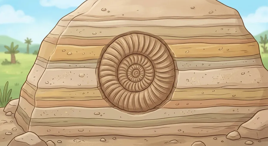 A spiral ammonite fossil preserved inside layered sedimentary rock