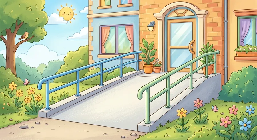 A sloping wheelchair ramp, an inclined plane leading to a doorway