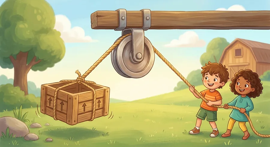A rope running over a pulley wheel to lift a heavy load