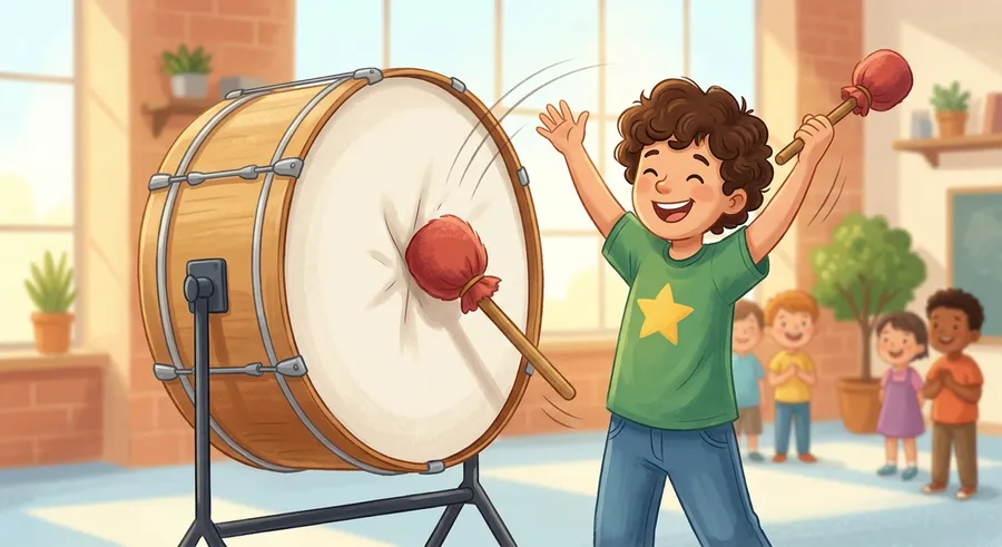 A large drum being struck, making a deep, low-pitched sound
