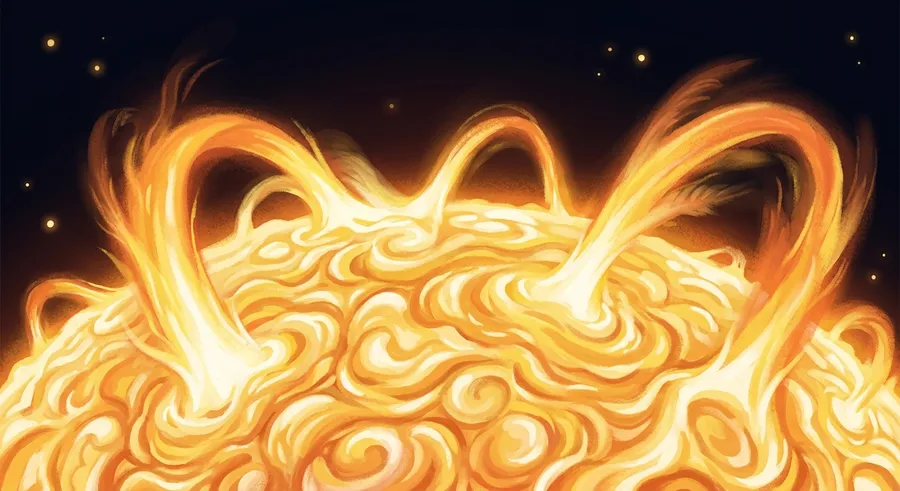 The blazing surface of the Sun glowing with fiery yellow and orange