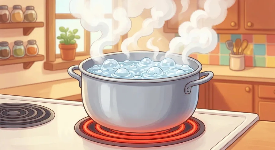 Bubbling boiling water turning into clouds of hot steam in a pot