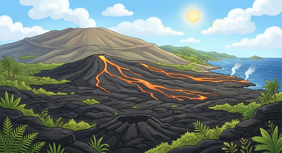 A wide, gently sloping shield volcano with runny lava flowing downhill