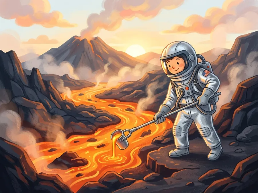 A scientist in a silver heat-proof suit studying glowing lava up close